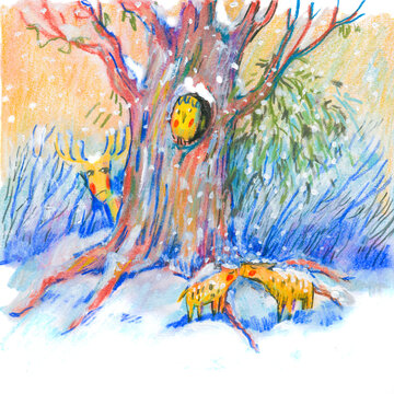 Whimsical Winter Scene with Animals