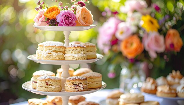 Elegant Garden Afternoon Tea with Scones on Three Tier Stand