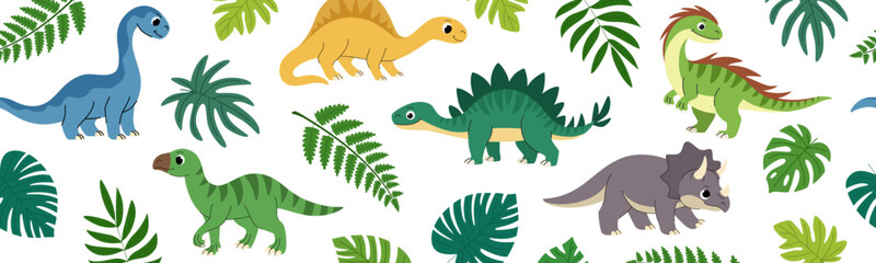 Cartoon dinosaurs seamless border. Summer children horizontal banner with tropical leaves, herbivorous and predatory dinosaurs, iguandon, triceratops, brontosaurus, stegosaurus. White background. © Ирина Яшкирева