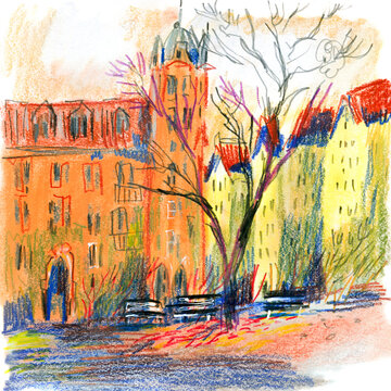 Urban Park With Colorful Buildings Illustration