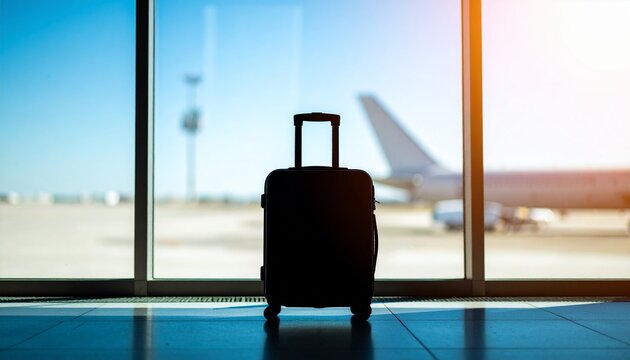 Silhouette of suitcase at airport terminal with airplane background