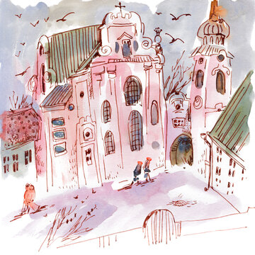 Watercolor Painting of European Town Square