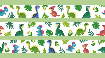 Children's dinosaur border set. Cute summer tropical horizontal seamless ornaments with dinosaurs and tropical plants. White background. © Ирина Яшкирева