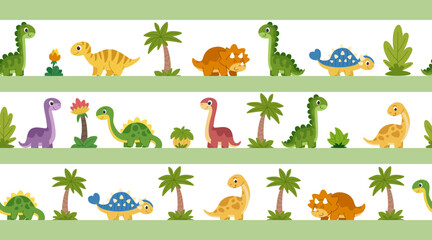 Cute children dinosaurs borders set. Horizontal seamless borders featuring cartoonish prehistoric animals and plants from the Jurassic period. White background. © Ирина Яшкирева