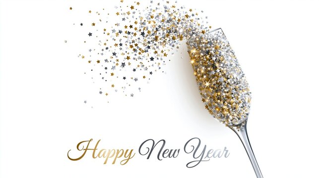 Ein Sektglas gef&uuml;llt mit goldenen Glitzerpartikeln, die nach oben fliegen, auf wei&szlig;em Hintergrund mit dem Schriftzug &bdquo;Happy New Year".