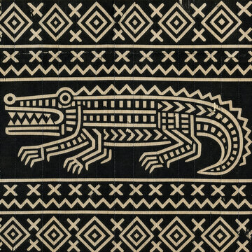 Traditional Malian Bogolanfini Crocodile Textile Print, Flat Black Mud Pigment on Woven Cotton for Ethnic Decor