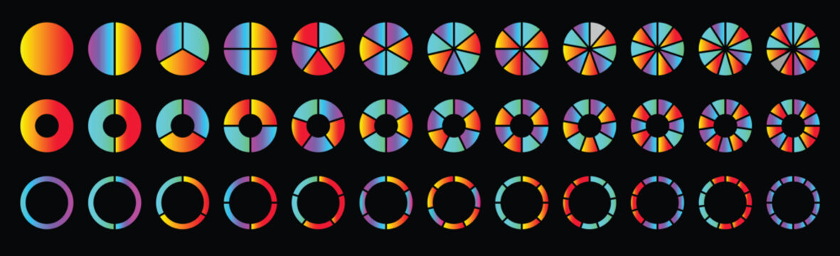 Pie charts. Pie charts diagram set. Circle pie charts 1,2,3,4,5,6,7,8,9,10,11,12 sections. Wheel round segment infographic part. Circle section graph. Pie charts diagrams. Pie charts Gradient.