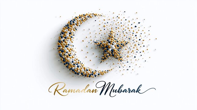 Halbmond und Stern aus goldenen Glitzerpartikeln auf wei&szlig;em Hintergrund mit dem Schriftzug &bdquo;Ramadan Mubarak".