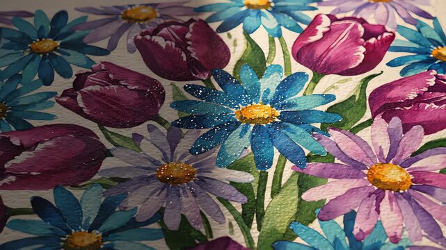 Floral pattern displays tulips and daisies in bright colors. Set on textured paper background enhancing design details. Concept of art, stationery, home decor