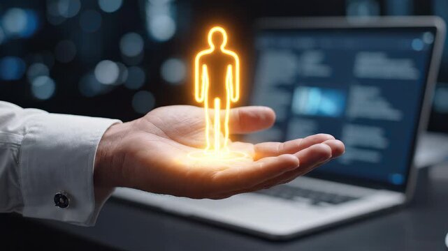 Professional HR manager's hand holding a glowing yellow digital human hologram above a laptop in a dark office, concept for talent acquisition, workforce analytics and executive headhunting