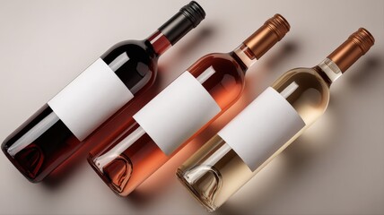 Naklejka premium Three Bottles of Red, Rosé, and White Wine with Blank Labels on a Light Gray Background
