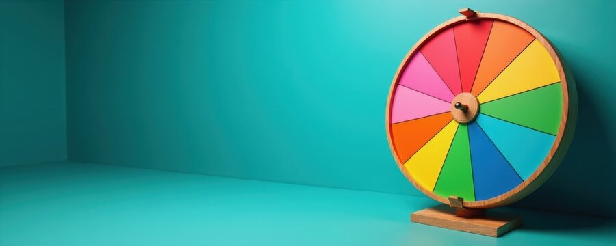 Colorful wheel stands on teal background. This prize spinner suggests fun games, winning chances, or promotional events. It represents luck and excitement for participants.