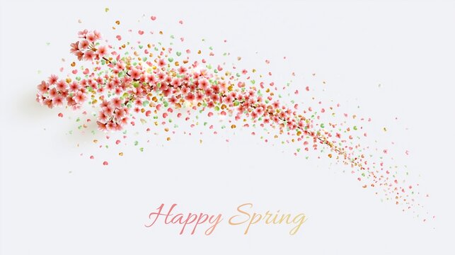 Ein Kirschbl&uuml;tenzweig aus bunten Glitzerpartikeln auf wei&szlig;em Hintergrund mit dem Schriftzug &bdquo;Happy Spring".