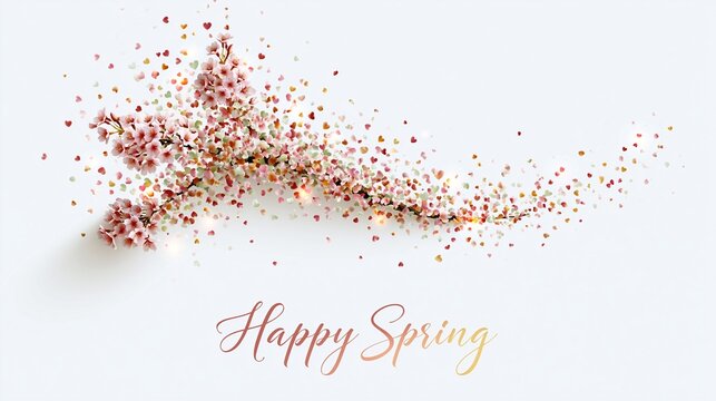 Ein Kirschbl&uuml;tenzweig aus bunten Glitzerpartikeln auf wei&szlig;em Hintergrund mit dem Schriftzug &bdquo;Happy Spring".