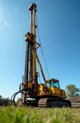 Fototapeta premium Yellow drilling rig excavates deep hole in grassy yard under clear blue sky. Industrial machine works outdoors on construction site. Heavy equipment prepares land for water well.