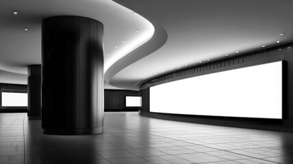 Naklejka premium Modern minimalist interior with large blank digital billboards for advertising and marketing display
