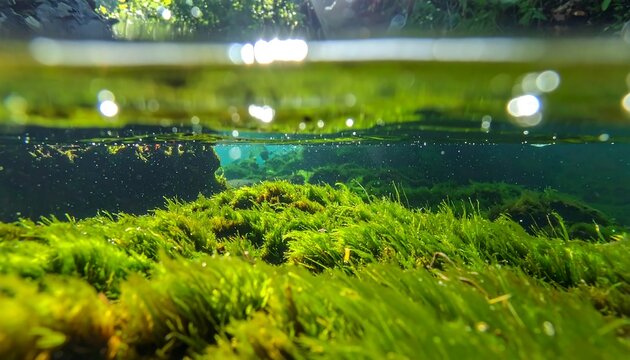 Split-level view depicts vibrant aquatic plants thriving underwater with a glimpse of sunlight. The upper portion shows surface foliage and reflections