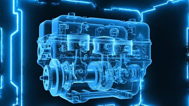 Engine components displayed in blue outline revealing intricate details of mechanical structure. Digital render highlighting engineering innovation. Concept of automotive, manufacturing, engineering