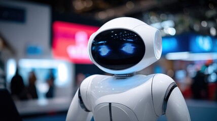 Fototapeta premium Close-up of a modern white humanoid robot with glowing blue eyes at a technology exhibition
