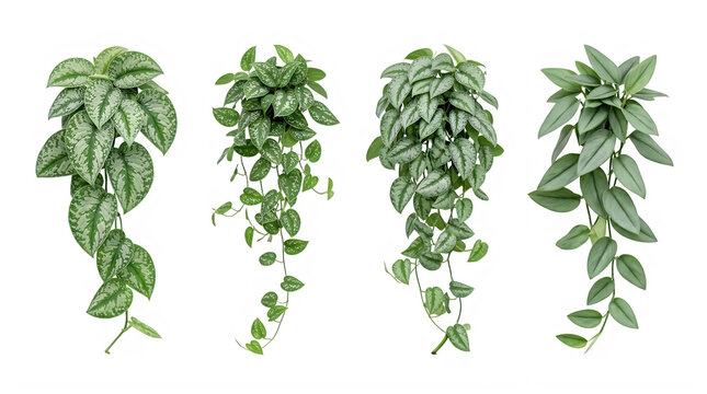 Set of hanging green ivy and trailing garden vines for decoration frontal isolated png on a transparent background perfectly cutout high resolution