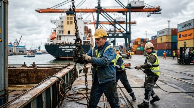 Two men working at a dock with a large ship in the background.