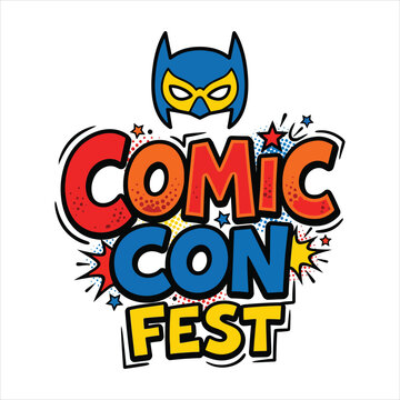 Comic con fest with superhero mask and starbursts pop culture comic book convention superhero celebration illustration typography festival gathering entertainment collection template