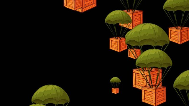 Animated air drop supply box falling on transparent background