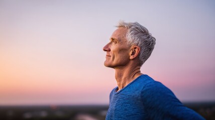 Fototapeta premium Mature man with gray hair looking up at a serene sunset sky, embodying hope and contemplation