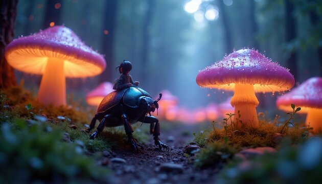 Tiny person rides shiny beetle through dark forest with glowing mushrooms. Child explores magical woods on insect, path winding among roots and moss. Fantasy journey.