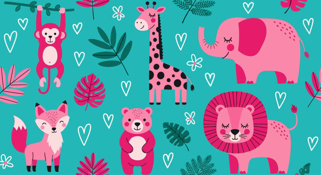 Whimsical jungle animals, colorful wildlife pattern, pink safari creatures, turquoise background texture