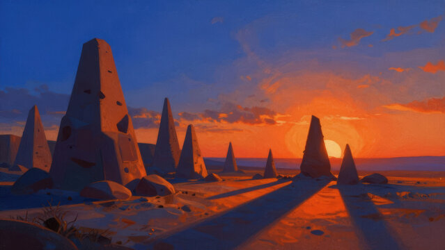 Towering mysterious monoliths cast long shadows over a desolate desert at vibrant sunset, embodying an ancient exploration concept and tranquil, otherworldly landscape