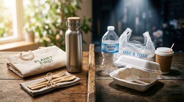 A wooden table with a stainless steel water bottle, a plastic bag, and a paper napkin with a logo that says 'Eco' on it.