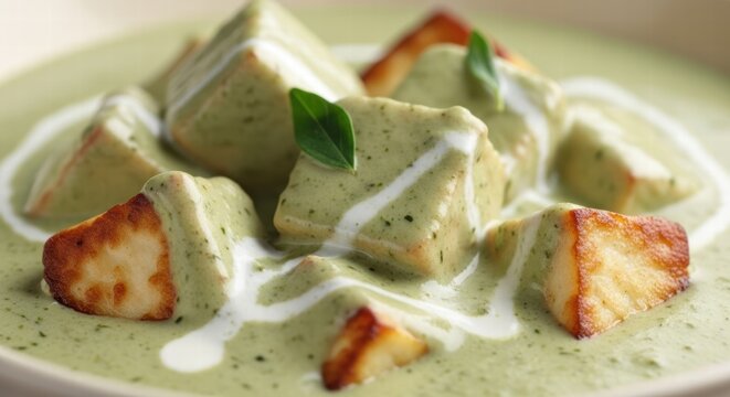 Delicious Methi Malai Paneer dish with creamy green gravy and garnishes