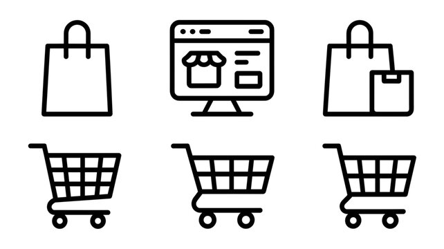 shopping bag icon set online purchase shopping cart trolley symbol outline style illustration vector design