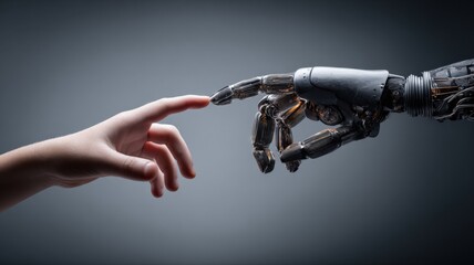 Naklejka premium Close-up of a Human Finger Gently Touching a Mechanical Robot Hand, Symbolizing Artificial Intelligence and Human Connection