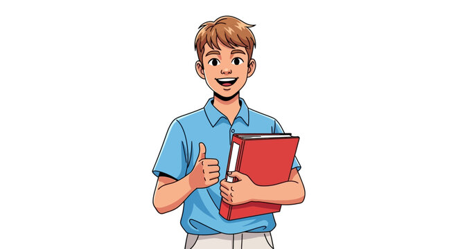 Smiling man, blue shirt, holding red folder, giving thumbs up, vector illustration