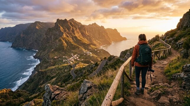 A hiker stands on a trail overlooking a stunning mountainous landscape at sunset.