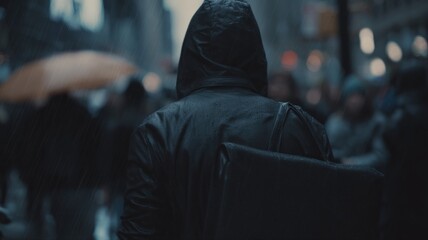 Fototapeta premium Anonymous figure in hooded jacket walks through a blurry, moody urban street scene at dusk