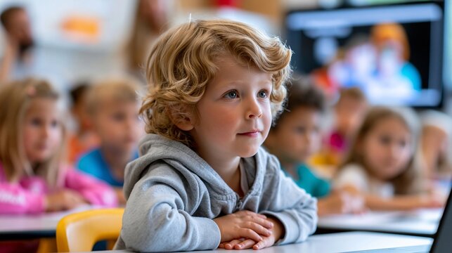 Blondes, lockiges Kind sitzt aufmerksam an einem Schultisch in einem Klassenzimmer mit anderen Kindern im Hintergrund.