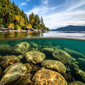 Split-level view of a tranquil lake showing water surface and underwater rocks, complemented by lush trees and a bright sky