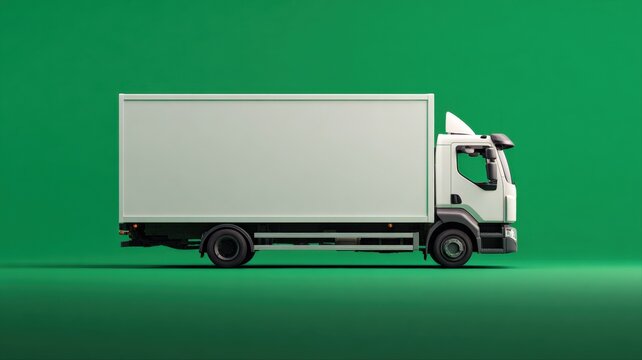 Clean White Box Truck Side View Isolated on Solid Green Background for Logistics and Delivery Services