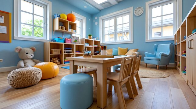 Helles, freundlich eingerichtetes Kinderzimmer oder Klassenzimmer mit Holzm&ouml;beln, bunten Sitzkissen und Spielzeug.