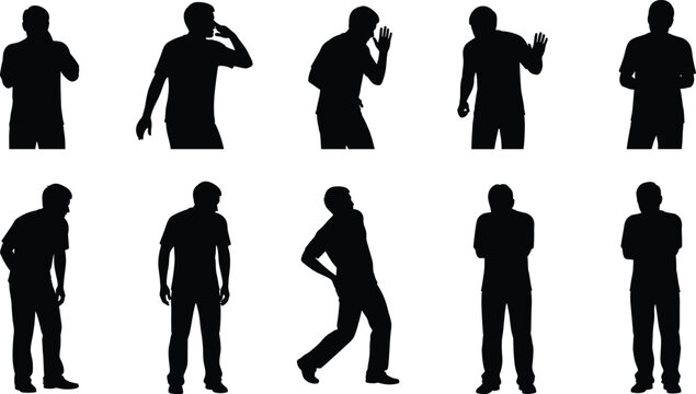Collection of black male silhouettes showing a man coughing feeling sick dizzy and rejecting bad smells