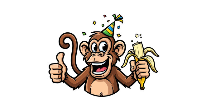 Cartoon monkey celebrating with party hat and banana on white background
