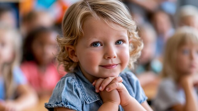 Ein blondes Kind mit blauen Augen l&auml;chelt ruhig und blickt verliebt, w&auml;hrend andere Kinder im Hintergrund sitzen.