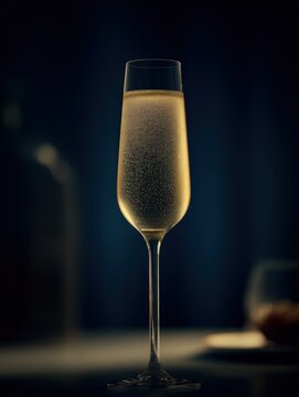 Elegant flute of bubbly golden champagne or sparkling wine with effervescence in soft, moody lighting