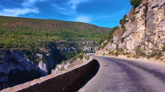 Panoramic road through the largest canyon in Europe, Gorges du Verdon in Provence, France. Landscape of the Gorges Du Verdon in south-eastern France. Provence-Alpes-Cote d'Azur.