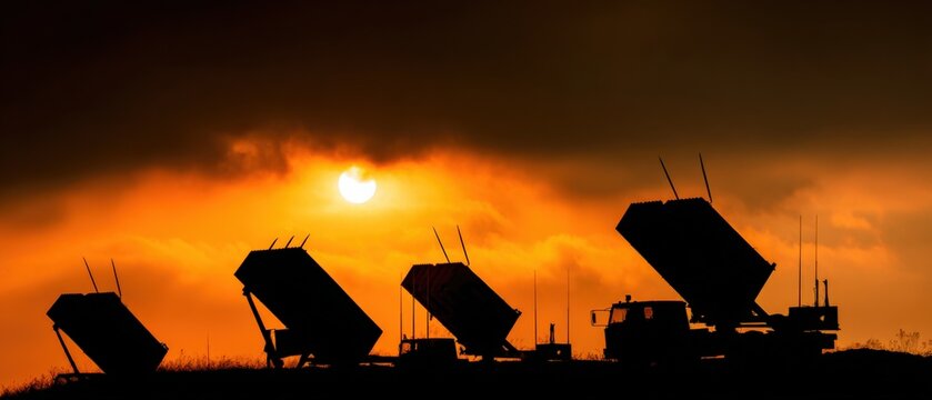 Silhouette of Multiple Rocket Launchers Against a Dramatic Sunset Sky