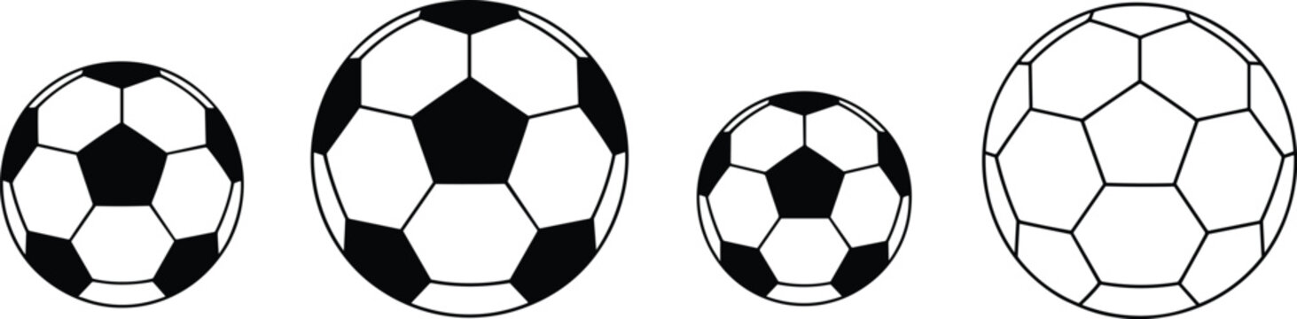 Minimalist vector icon set of soccer balls featuring classic black and white pentagon patterns in varying sizes and an all-white line art version for sports graphic design.