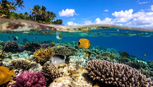 Split-level view of a tropical marine scene, above showcasing lush island foliage and below revealing a vibrant coral reef